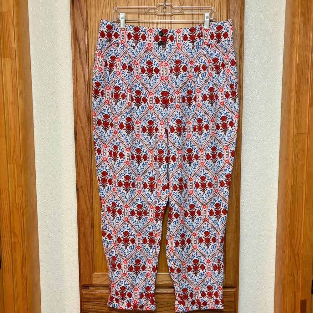 Boden Red Poppy Floral Patterned 100% Linen Turn Up Trousers White Pants 14